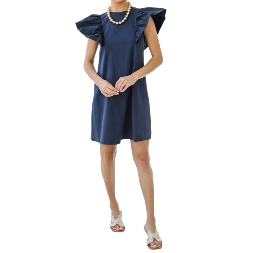 TCEC Ruffle Sleeve Navy women’s Mini T-shirt Dress size Large casual stretch new